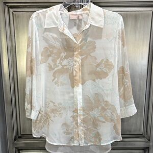 Chico's Beige and White Floral Button Down Shirt